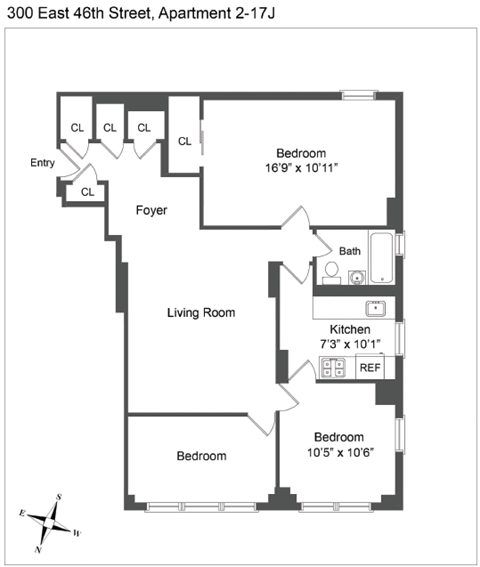 Floor plan for 3 beds, 1 bath, 963 sqft